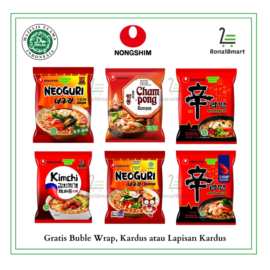 

Nongshim Nong Shim Kimchi / Shin Ramyun Shrimp / Neoguri Udon / Ramyun / Cham Pong / Spicy / Mie Korea