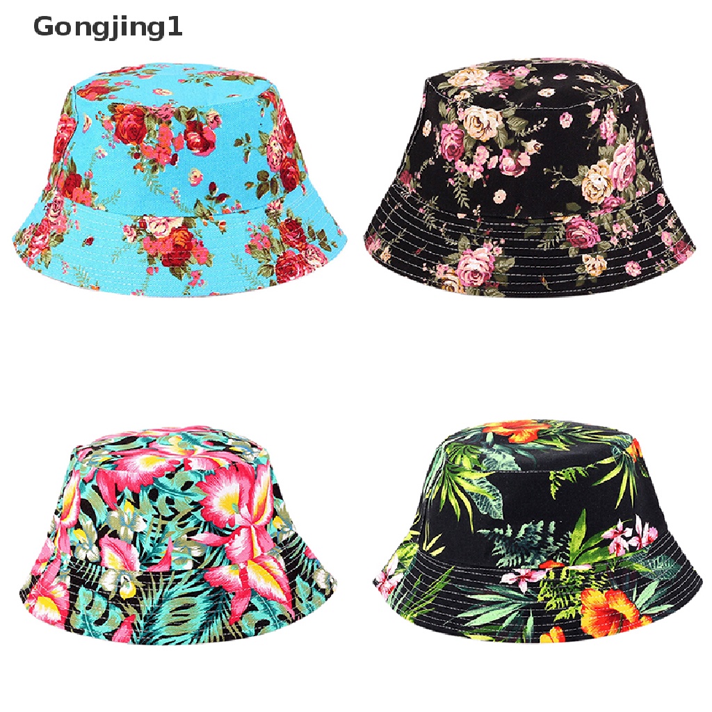 Gongjing1 Topi Bucket Pria / Wanita Motif Bunga Untuk Hunting / Memancing / Outdoor