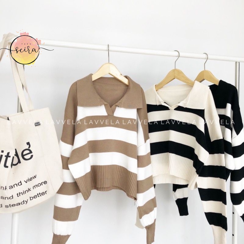 [BISA COD] Olivia Polo Strip Knit / Crop Top / Sweater Rajut Wanita / Atasan Wanita / Baju / Pakaian Wanita