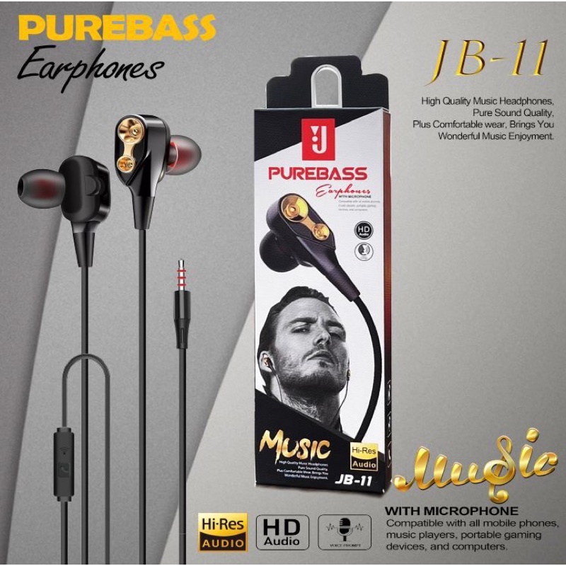 Handsfree Headset JB-11 Double Sound Headset Universal SPORTS JB11 Earphone Purebass Murah TERLARIS PROMO SEN