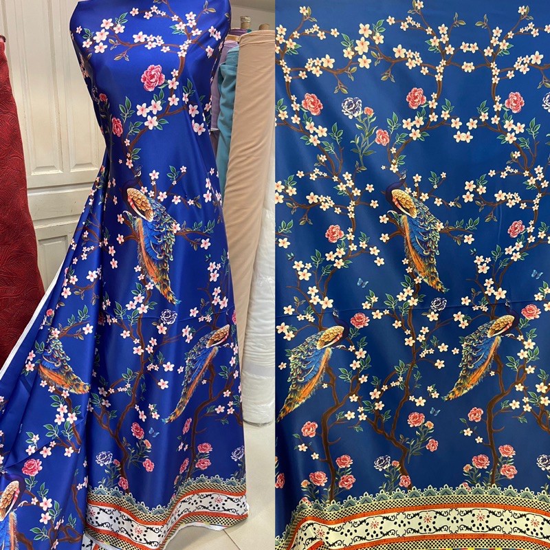 kain bridal print Peacock Garden, kain cheongsam motif bunga dan merak, kain qibao