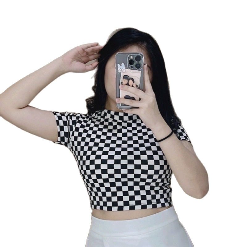 ZASKIYA - Checker Catur Crop Top Rib / Atasan Wanita Crop Top