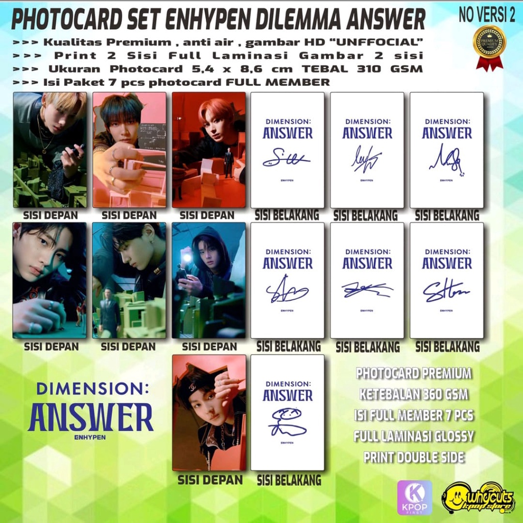 PHOTOCARDSET PC FULL SET PREMIUM ENHYPEN / DIMENSION ANSWER / STAR 1 / W KOREA PRINT 2 SISI FULL LAMINASI GOSSY 7PCS