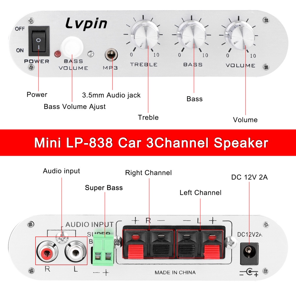 LVPIN LEPY Mini Hifi 2.1 Stereo Ampli Mobil Amplifier Treble Bass Booster 12V  LP-838