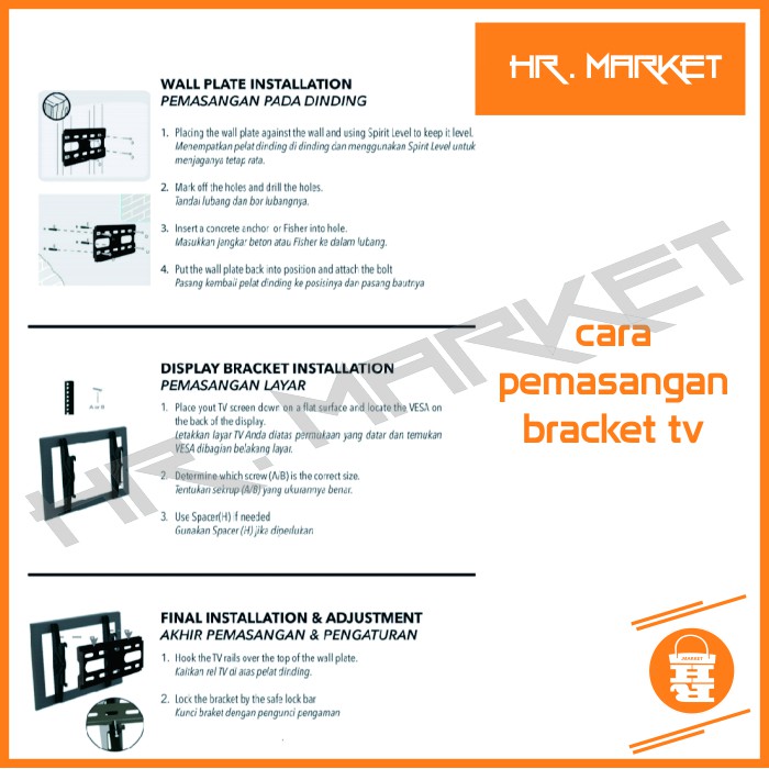 Bracket/Braket/Breket TV 32 40 42 43 29 24 21 Inch Led Lcd 17 - 43 Inci Bisa Nunduk Dangak HR1