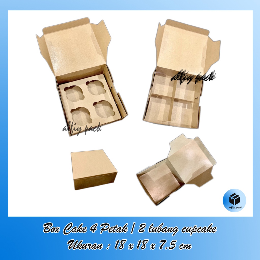

1pack isi 10pcs DUS KRAFT UNTUK KEMASAN KUE SNACK BOX / CUPCAKE BOX CAKE UKURAN 18x18x7.5 CM / SEKAT 4 PETAK / INSERT 4 LUBANG