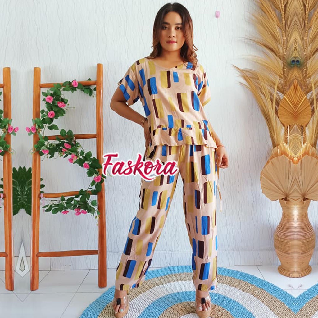 Piyama Rayon Jumbo Lengan Pendek One Set Wanita Kekinian Remaja Pajamas Polos Kombinasi Auristela-Balok Cream