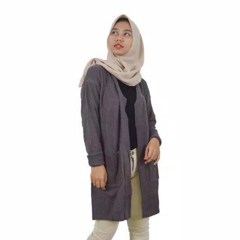Cardigan panjang rajut dua saku all size-Abu tua