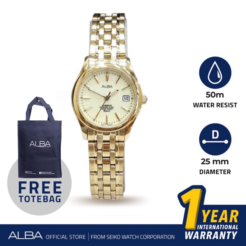 Alba Jam Tangan Wanita AXT850 / AXT850X1 Quartz White Dial Gold Stainless Steel Strap Watch