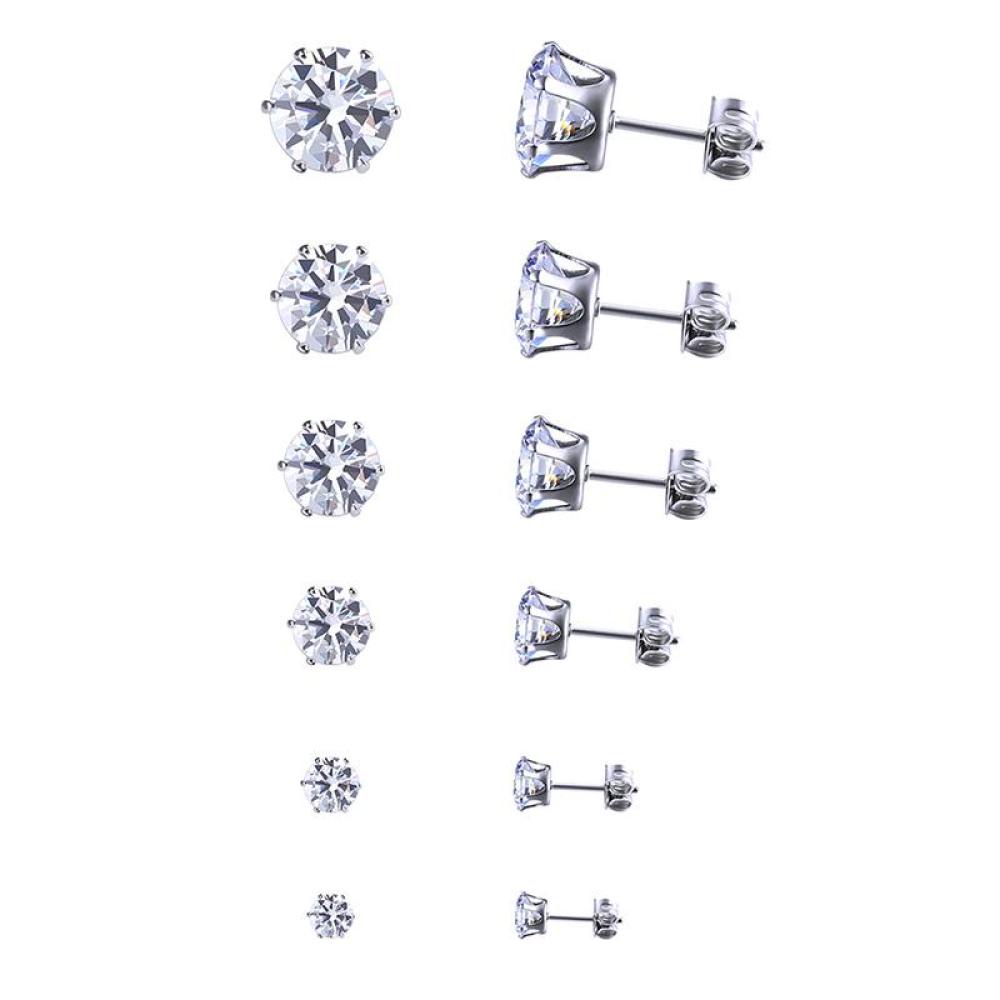 Timekey 6 Pasang / Set Anting Tusuk Stainless Steel Hias Kristal Zircon Bulat Untuk Pria / Wanita A4K5