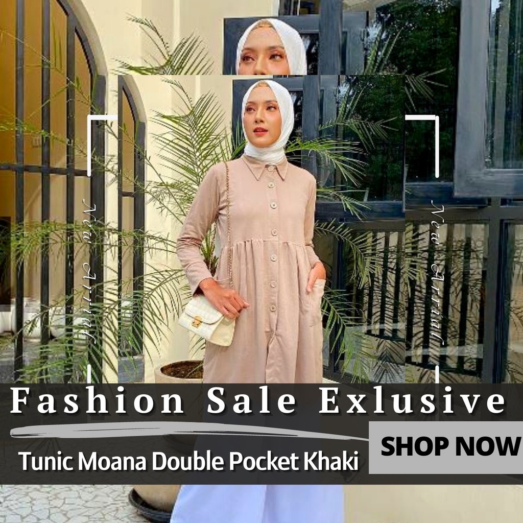 Tunic Moza casual tunik panjang wanita muslim remaja kekinian Khaki