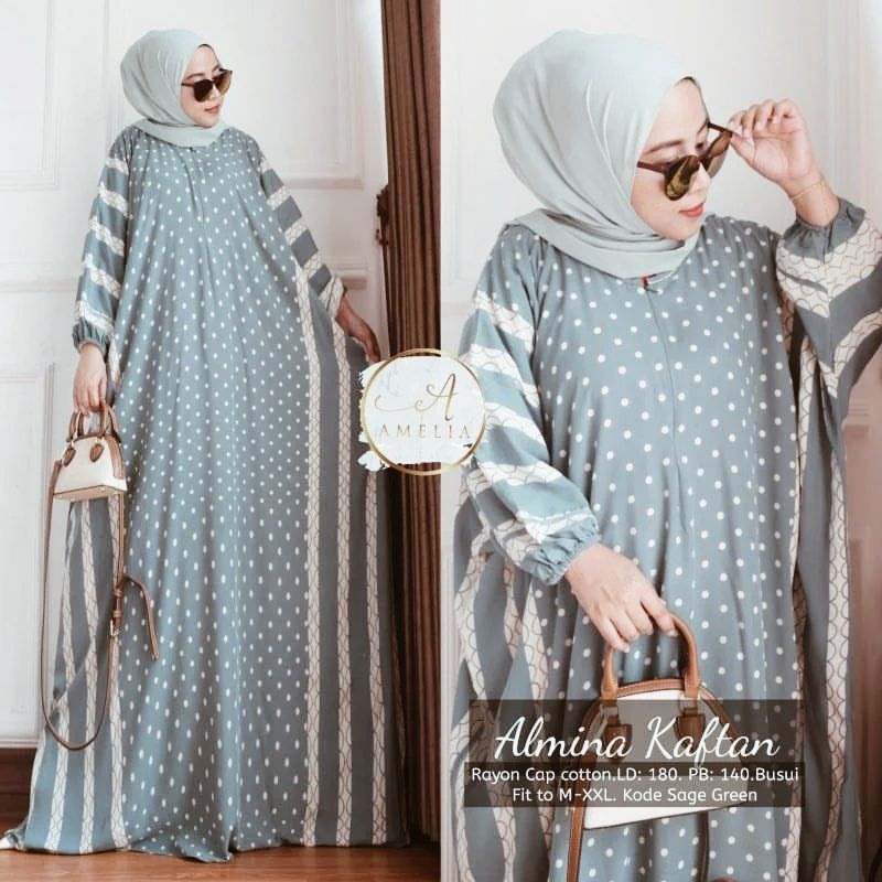 COD - Asmiranda Maxy Gamis Muslim Aurora Kaftan Pastel Dress Shakila Aksen Renda Import Ld  150-3 Abu
