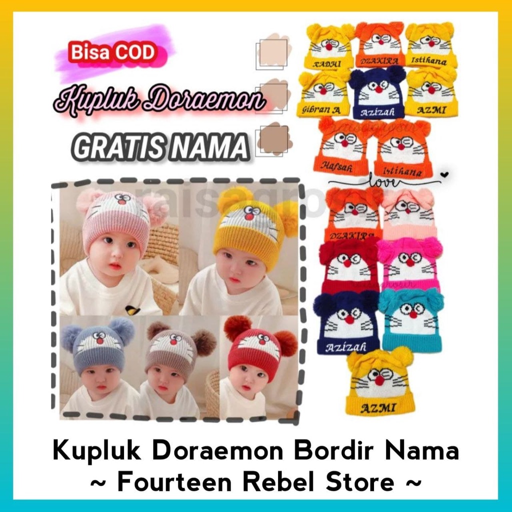 Kupluk Doraemon Bordir Nama Suka Suka 0-2 Tahun  Kupluk Anak Doraemon