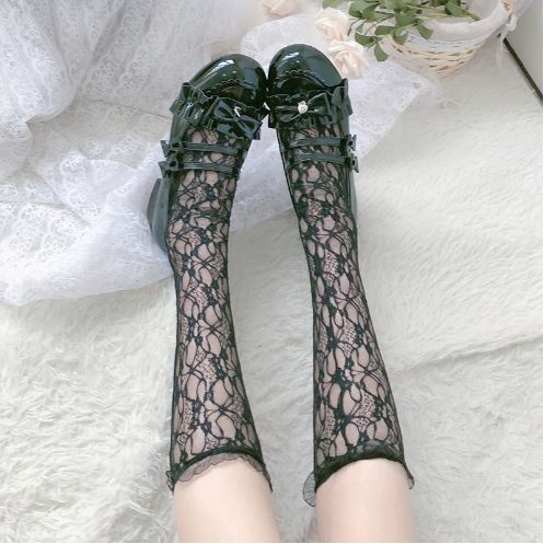 LS-04 Kaos Kaki Transparan Renda Putih Hitam Lace Cute Lolita Cosplay