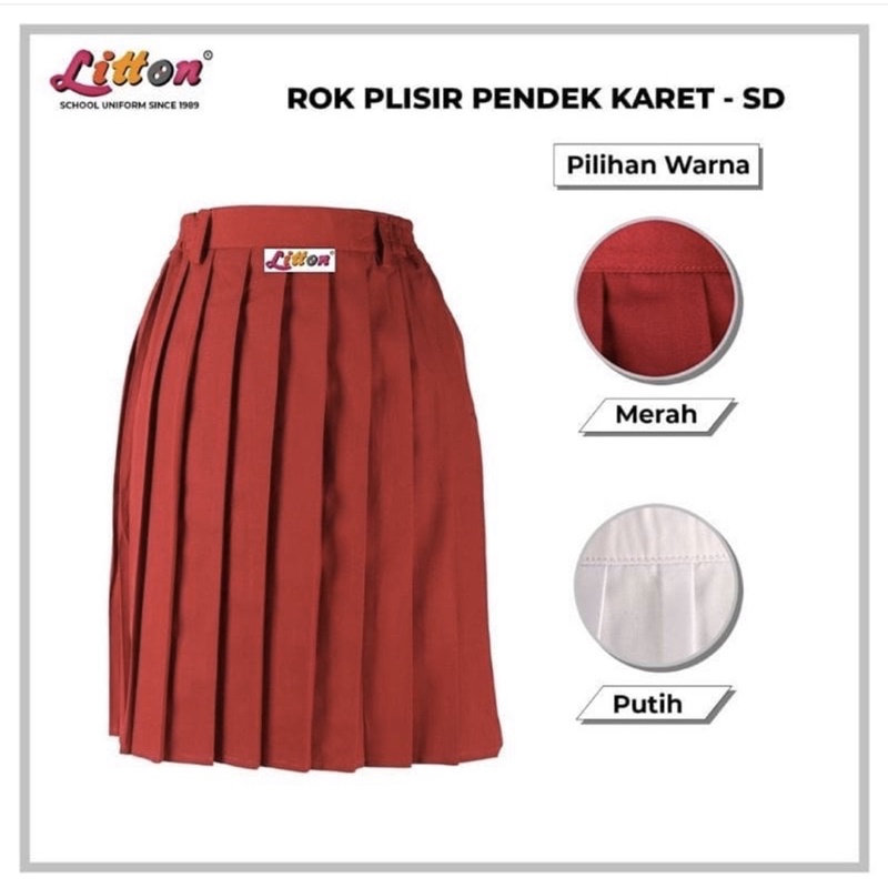 Rok seragam sekolah plisir merah pendek karet kantong besar / rok plisir SD famatex