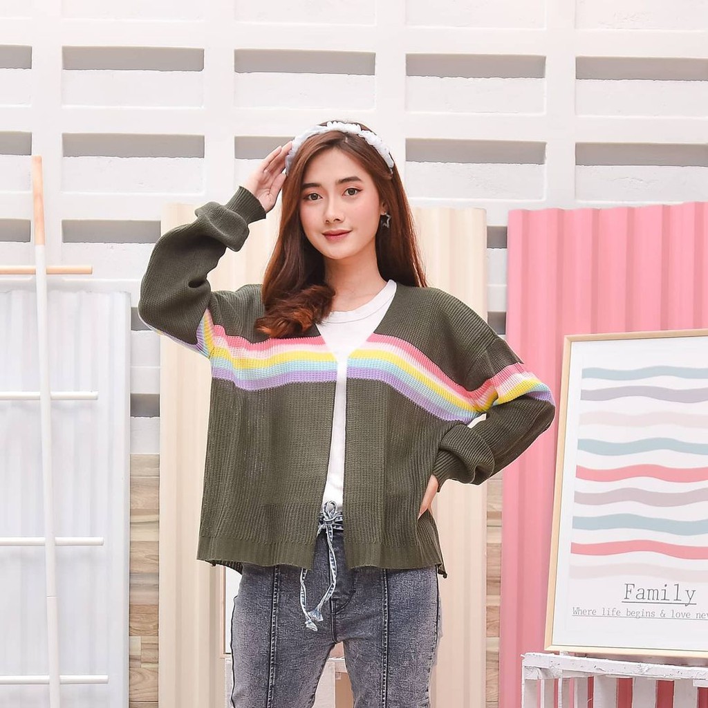 Kardigan Loocy Oversize - Pakaian Wanita - Bahan Rajut - Allsize-RAINBOW CARDIE ARMY
