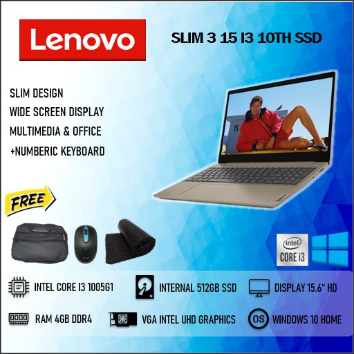 LAPTOP MURAH LENOVO IDEAPAD SLIM 3 15 INTEL I3 1005G1 4GB RAM 512GB SSD ALMOND