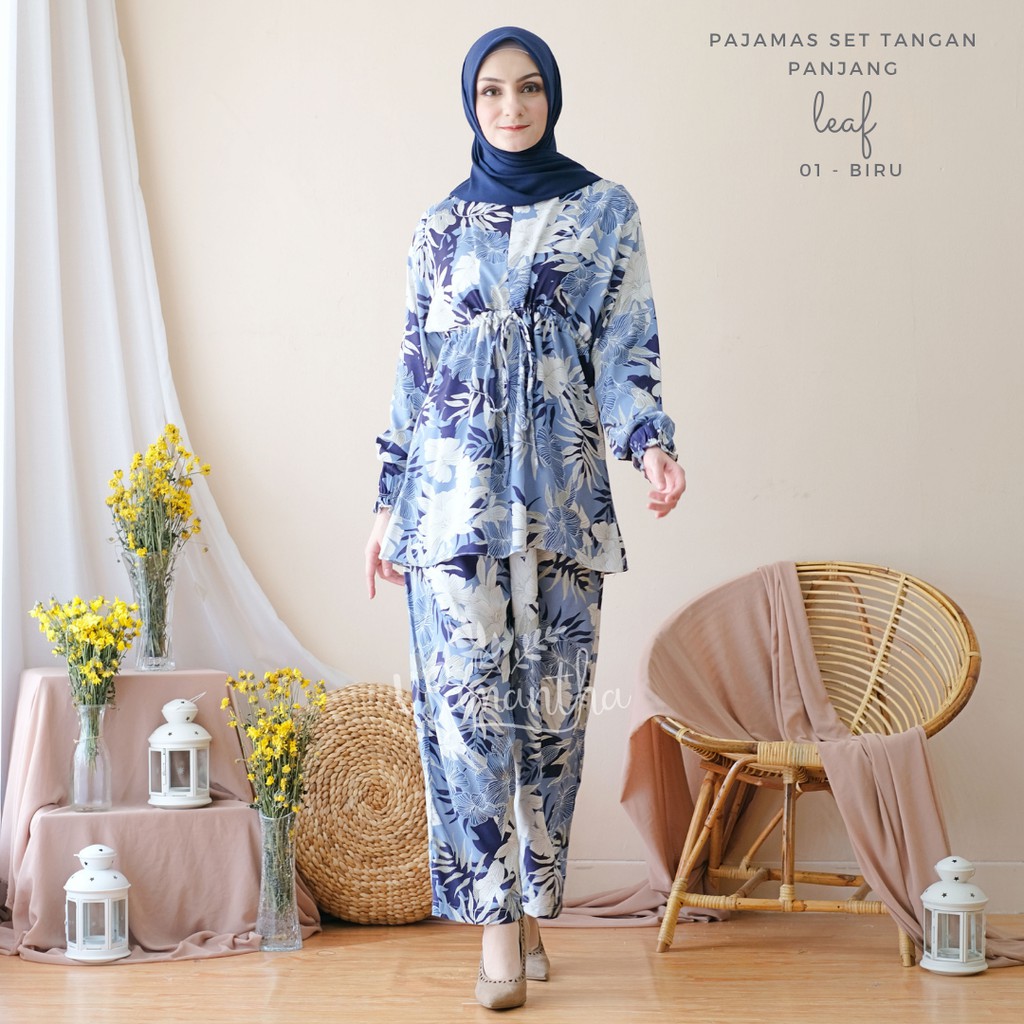 vSamantha - Pajamas Set / Piyama Set Muslim Busui Friendly - Tangan Panjang , Celana Panjang-Leaf 01 BUSUI Biru