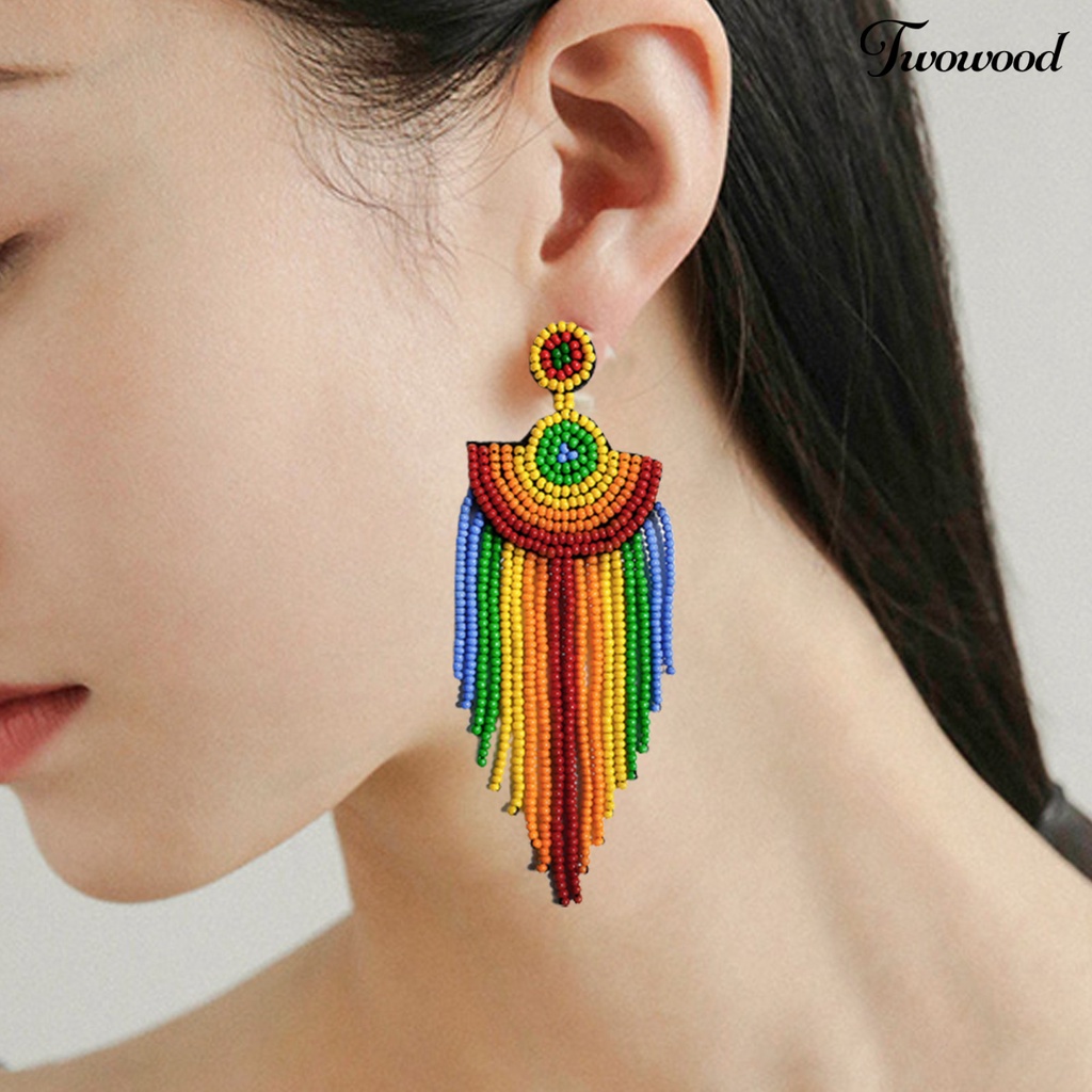 1 Pasang Anting Stud Manik-Manik Rumbai Warna-Warni Gaya Vintage Untuk Kencan