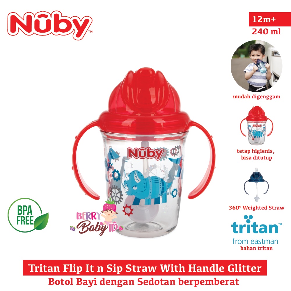 Nuby Tritan Flip It Straw With Handle Glitter Botol Training Cup Bayi Botol Sedotan Bayi Anak BPA Free Berry Mart