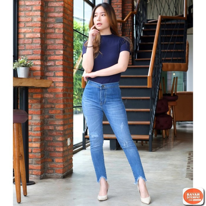 Celana Jins Wanita Sobek Mikaila Ripped Brand Jl Premium Melar Mo OO685  / Hw Cut Out Mangky Blue 4