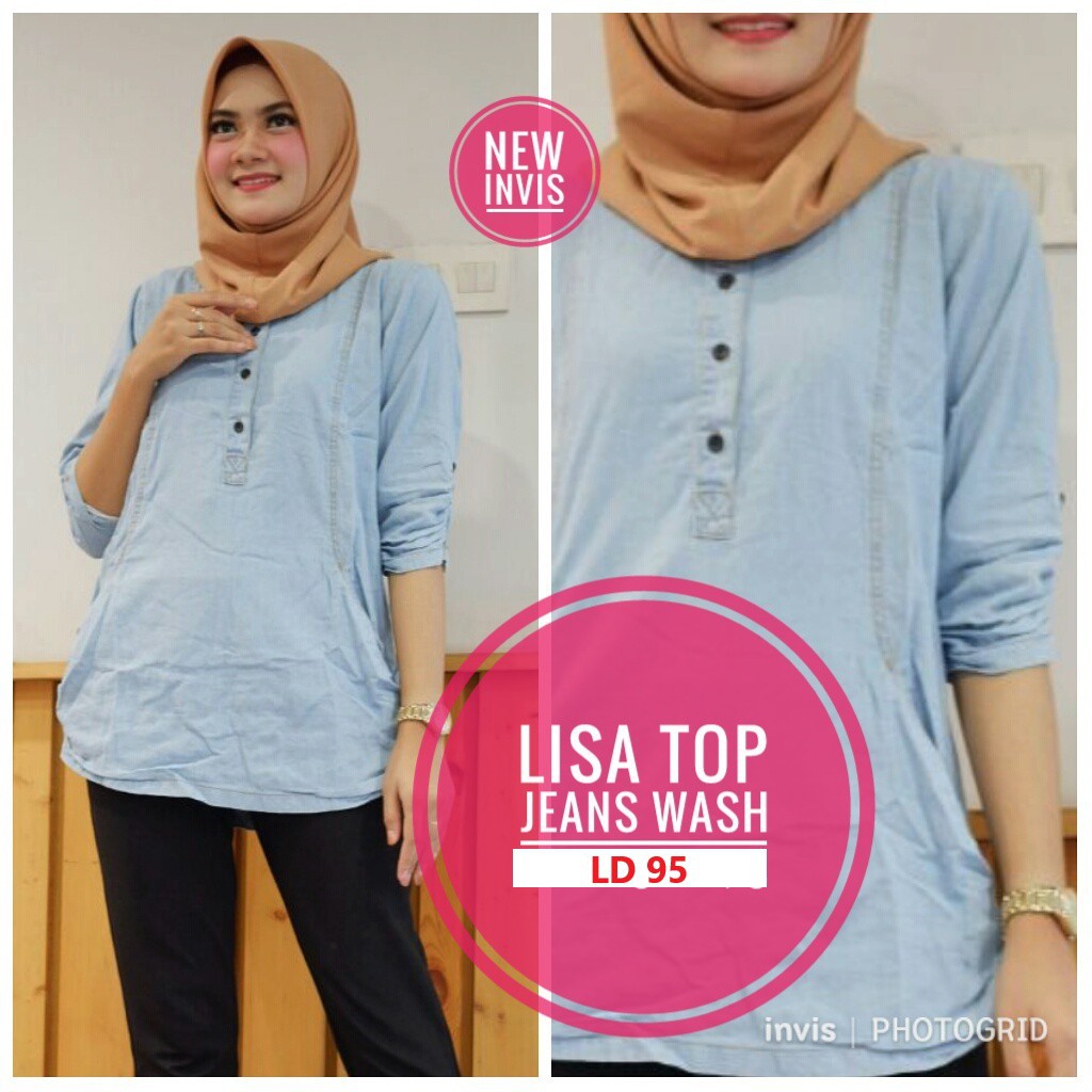 atasan blouse denim lisa top emiko jeans wash serut