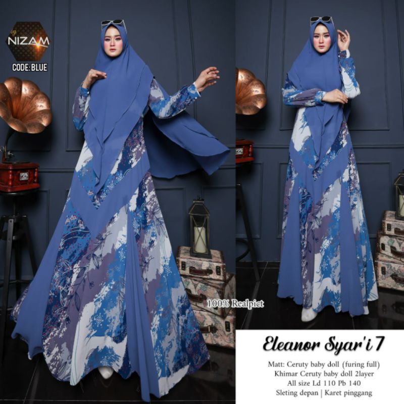 Gamis Eleanor syari (bahan ceruty babydoll full furing) khimar ceruty 2 layer (motif abstrak) | Ld 1