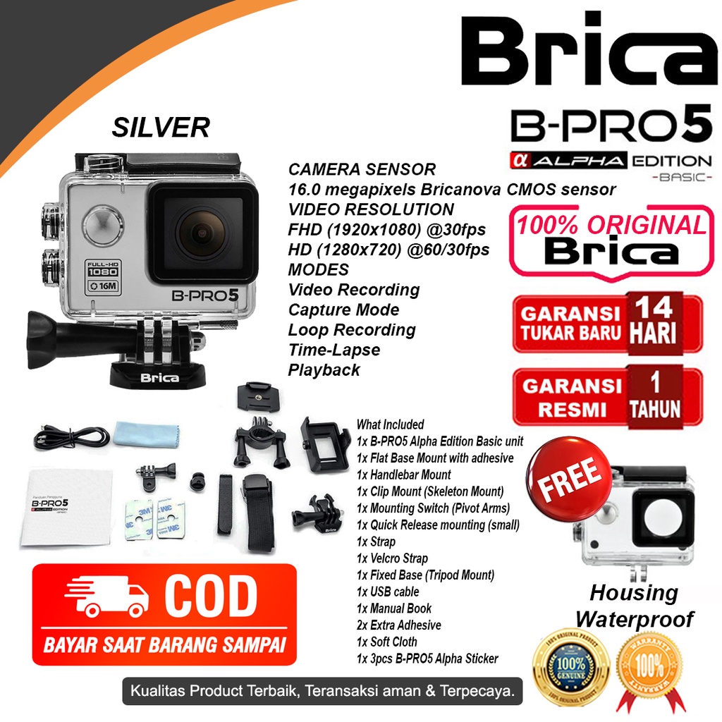 Brica B-Pro 5 Alpha Edition Action Cam AE3S -  AE Basic - AE Lite - AE1 4K - AE2 - AE2S - Kamera Brica-AE BASIC SILVER