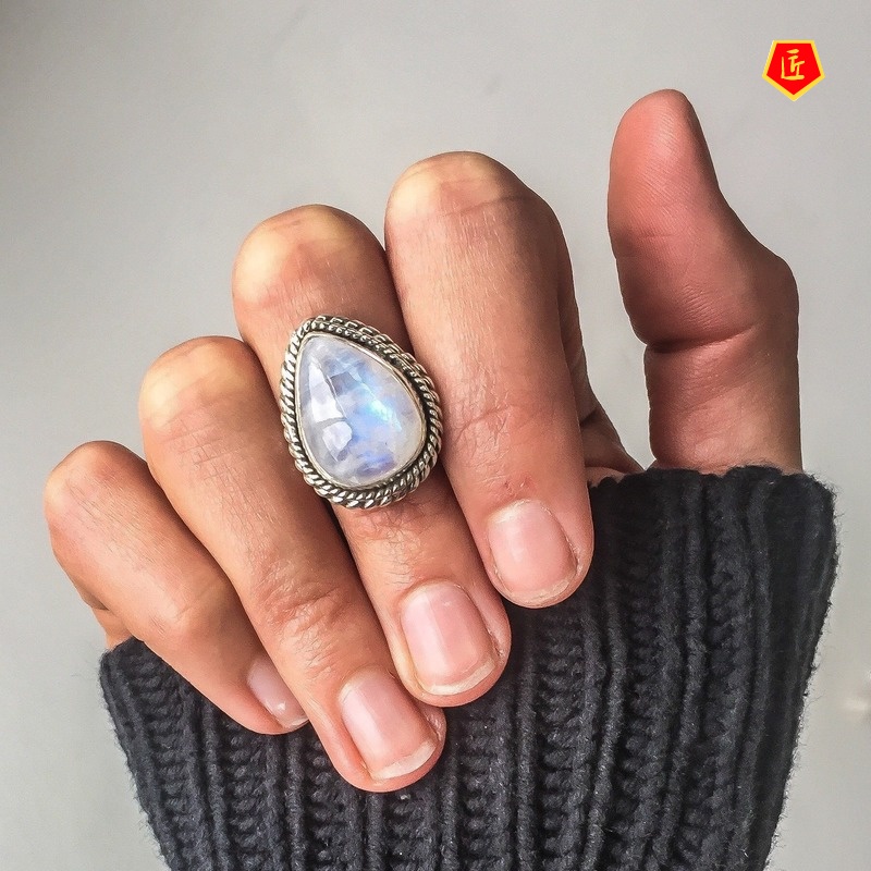 [Ready Stock]Big Diamond Pear-Shaped Moonstone Ring Exaggerated Punk Style