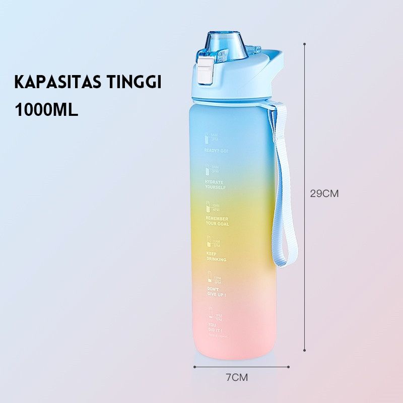 BOTOL MINUM TRITAN 1 LITER WARNA GRADASI / BOTOL.MINUM VIRAL 1 LITER MOTIVASI PENANDA WAKTU FREE STIKER