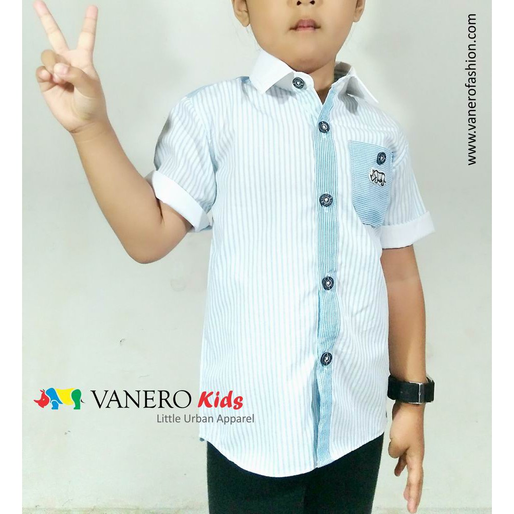 Vanero Kemeja Anak Laki Unisex Tangan Pendek Garis-Garis Salur Biru Muda Putih