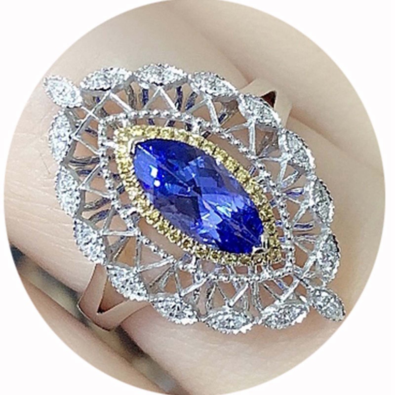 Cincin Jari Cubic Zirconia Warna Biru Marquise Gaya Retro Vintage Untuk Wanita