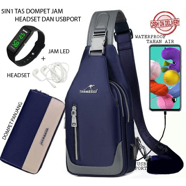 TANMESSO 5IN1 BAYAR DITEMPAT-BONUS JAM LED,DOMPET &amp; USBPORT&amp;HEADSET- TAS SELEMPANG PRIA