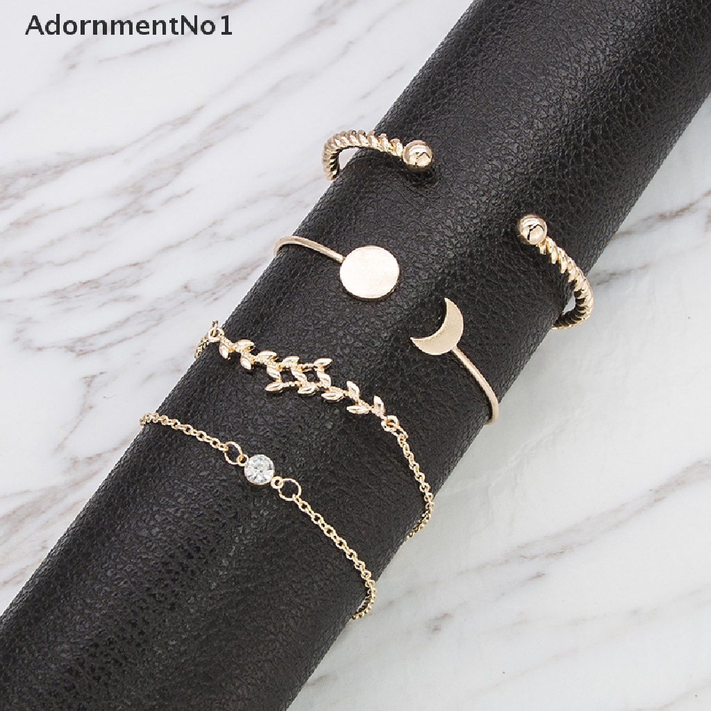 (AdornmentNo1) 4pcs / Set Gelang Tangan Alloy Gaya Bohemian Motif Daun + Bulan + Kristal Untuk Perhiasan Wanita, Handmade