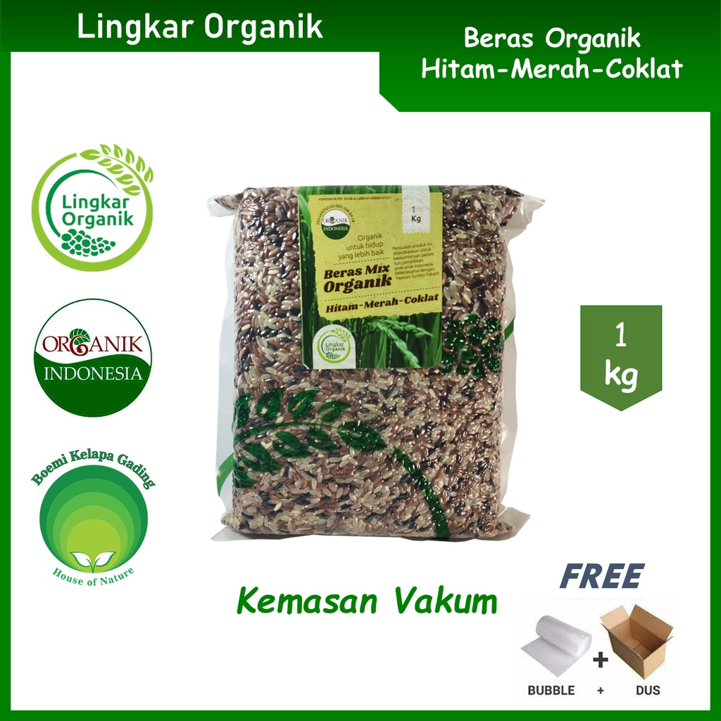 

Lingkar Organik Beras Mix Hitam Merah Coklat Organik Non GMO 1 kg Kemasan Vakum