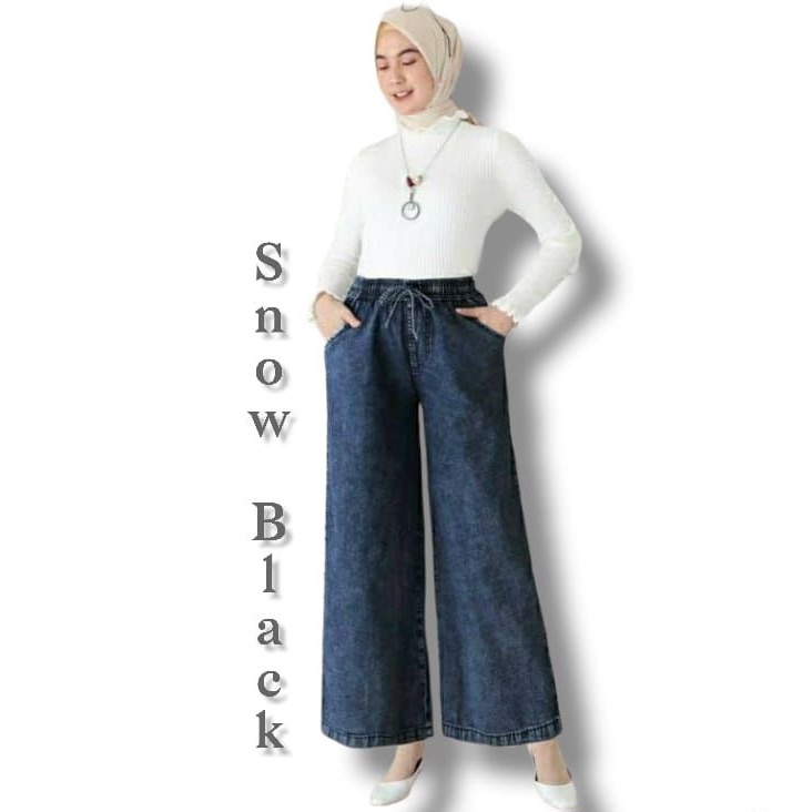 Highwaist Celana Panjang Jeans Kulot Wanita Pinggang Karet Oversize Bahan Denim