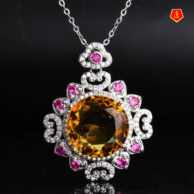 [Ready Stock]Pigeons-Blood Ruby Pendant Pd990 Yellow Diamond Colored Gems Necklace