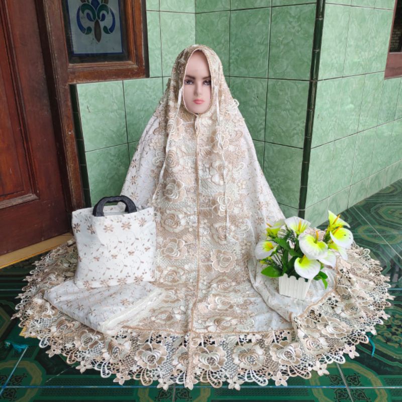 mukena sutra Paris/mukena Prada/mukena putih/mukena bordir