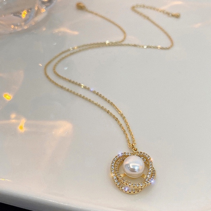 Kalung Mutiara Liontin 1 dengan Berlian Melingkar 3D Rantai Emas Fashion Korea Dalika