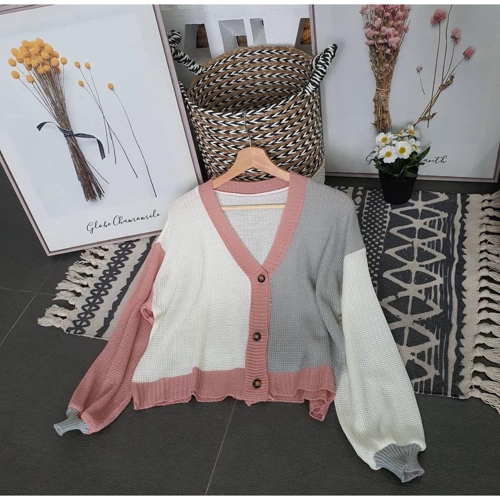 COD - HELEN CARDIE | CARDIGAN RAJUT TWIST PREMIUM | OUTER OUTERWEAR KNIT MIX WARNA KOMBINASI | KARDIGAN TEBAL HIGH QUALITY.helena-Abu Pink