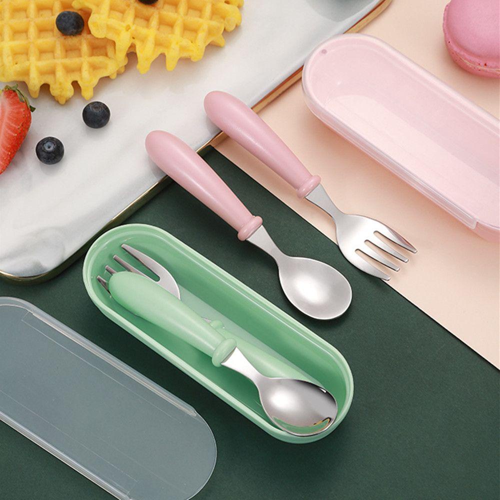 Solighter Set Alat Makan Portable Bayi Dapat Digunakan Kembali Stainless Steel Kartun Alat Makan Sendok Garpu Sendok Set