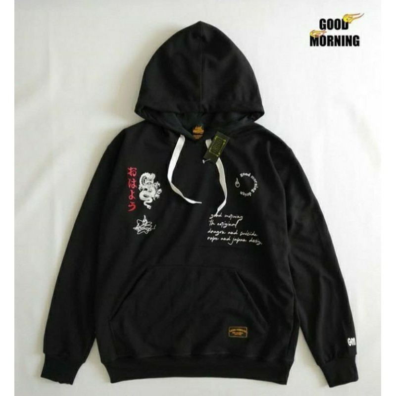 GOOD MORNING SWEATER HOODIE Sweater cewek cowok Sweatshirt black with white word art seri GM1075