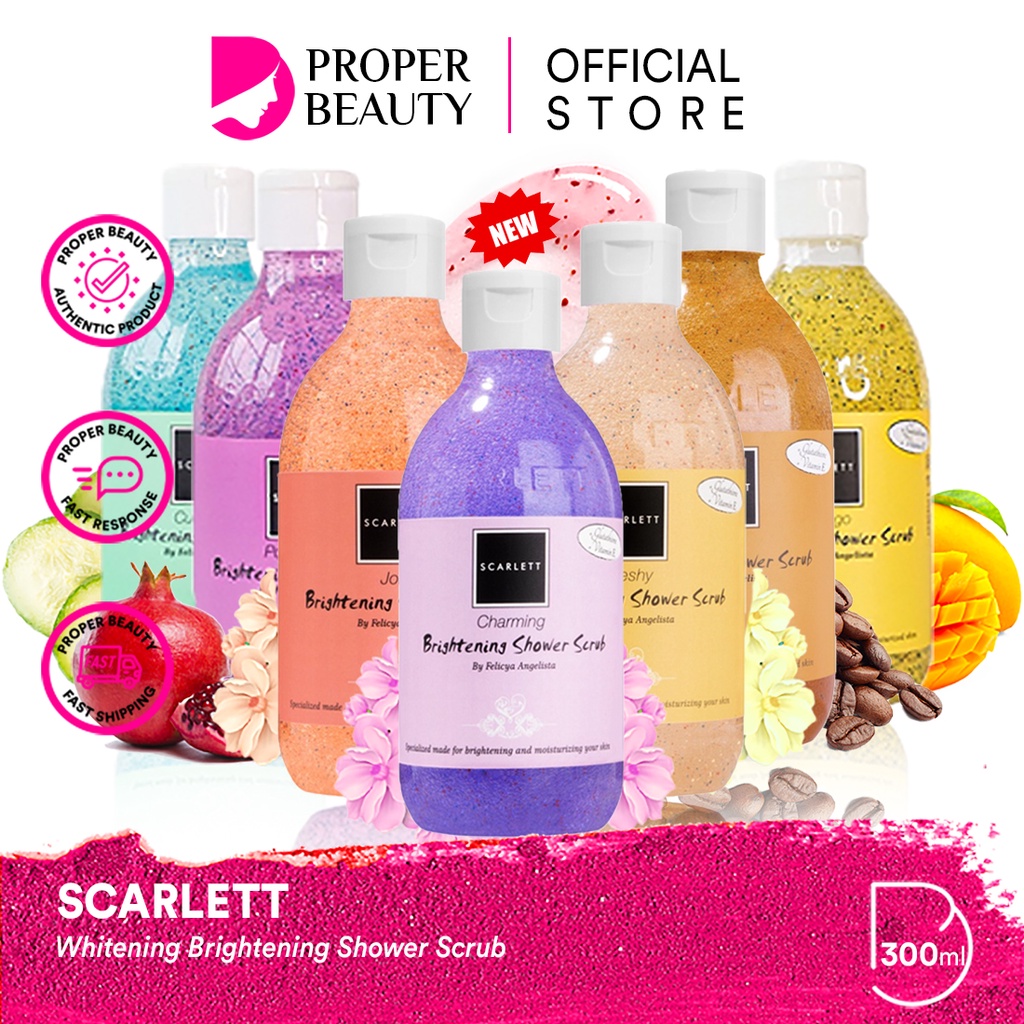 SCARLETT Whitening Brightening Shower Scrub Indonesia / Facial Wash Essence Toner Serum Ampoule Day Night Cream Clay Mask Masker Gel Sunscreen Body Lotion Shampoo Conditioner / Brightly Ever After Acne Mugwort Pomegrante Mango Cucumber Coffee Sabun Mandi