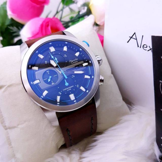 Jam Tangan Keren Elegant Pria Alexandre Christie AC 6270 MC Leather Brown Jarum Blue Original