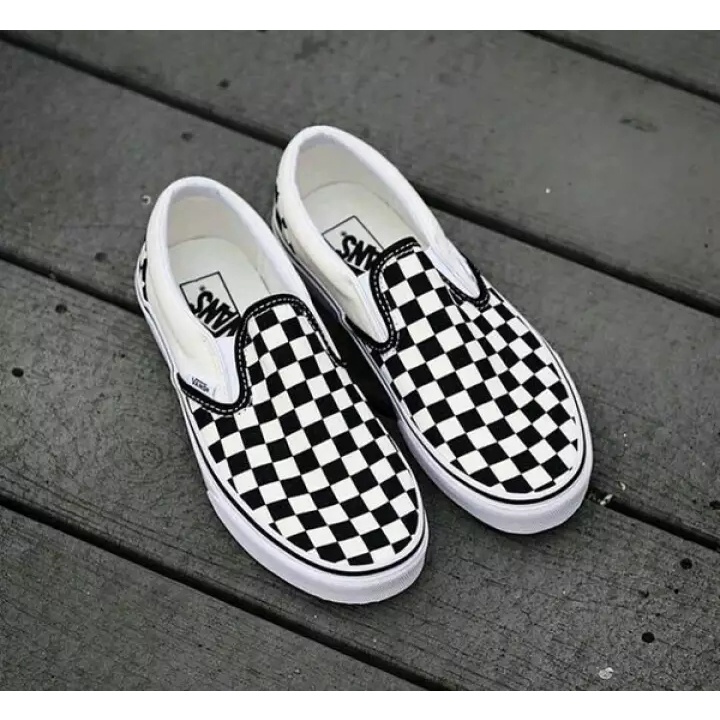 Paket 100% PREMIUM Sepatu Vans Slip On Mono Checkerboard  / Vans Slip-On Checkerboard Black-White OG / Vans Slip On Catur OG