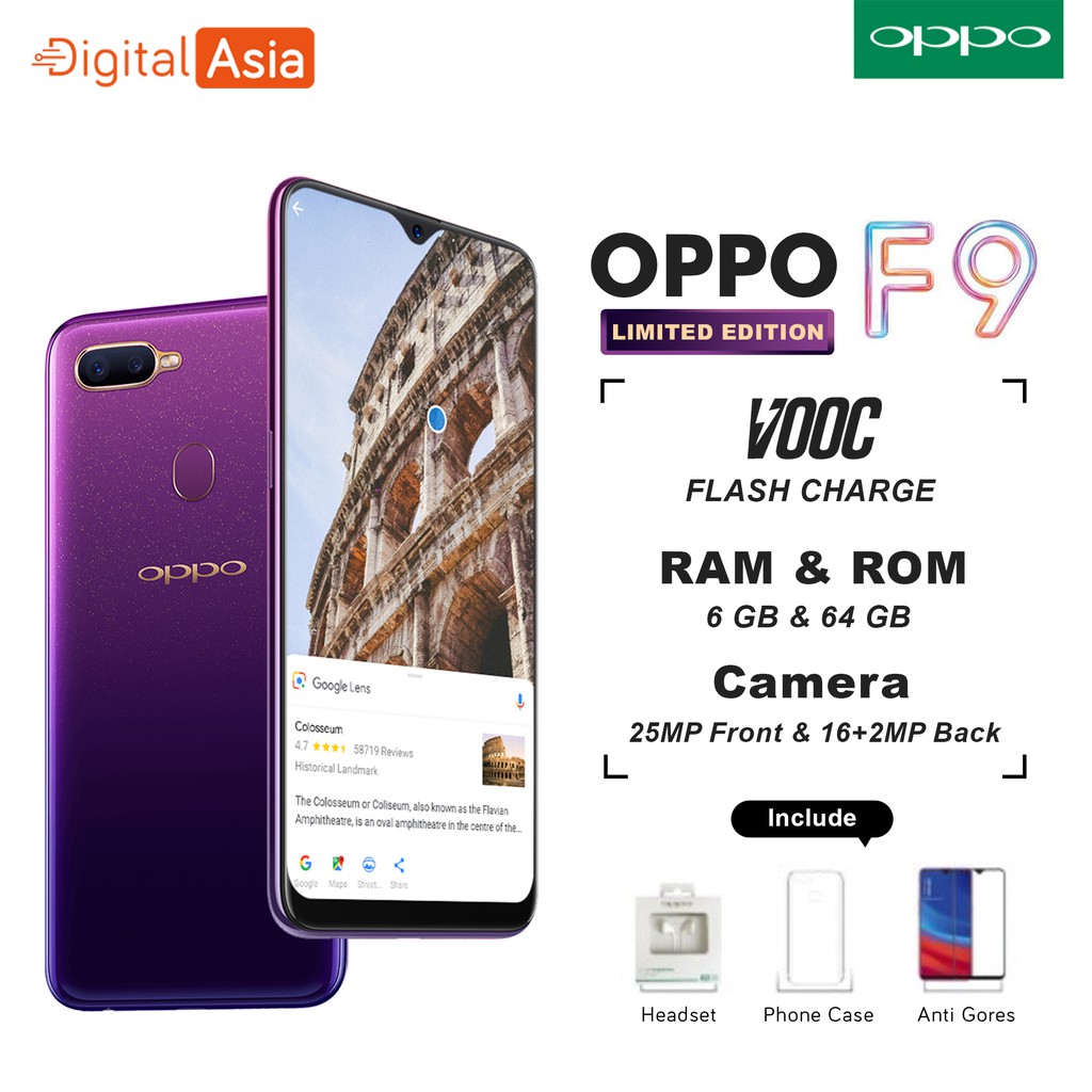 OPPO F9 6/64 GB LIMITED EDITION CICIL TANPA KARTU KREDIT GARANSI HP Android Smartphone VOOC PURPLE