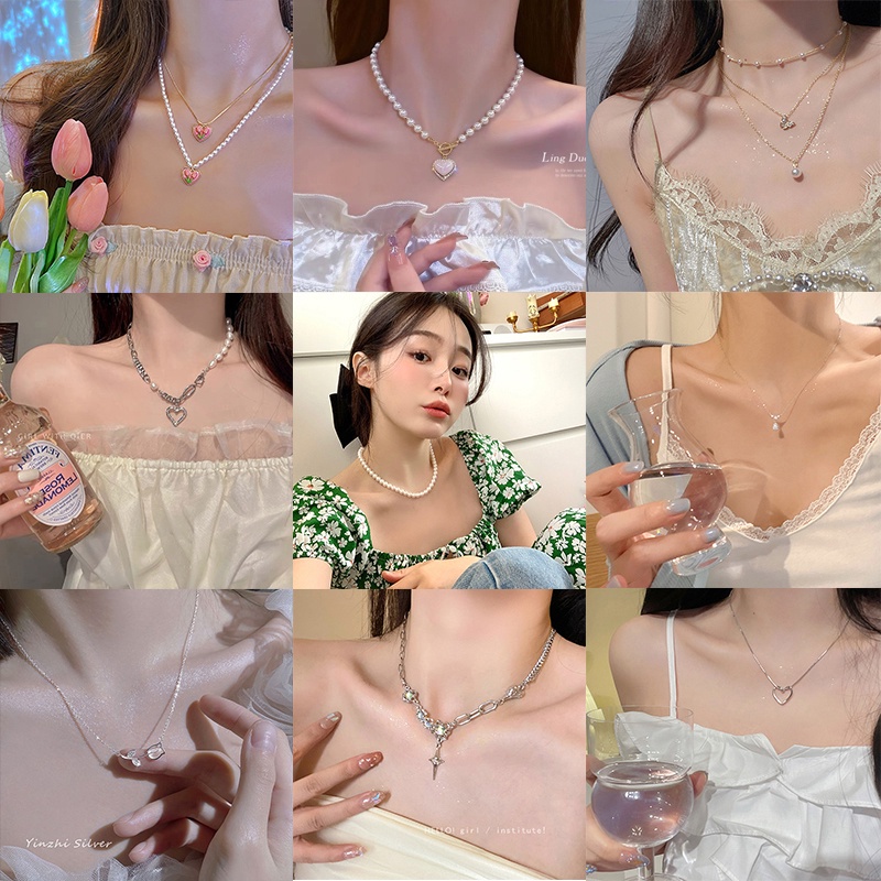 YEEZII Kalung Choker Rantai Tulang Selangka Bentuk Hati Butterfly Aksen Mutiara Untuk Aksesoris Perhiasan Wanita