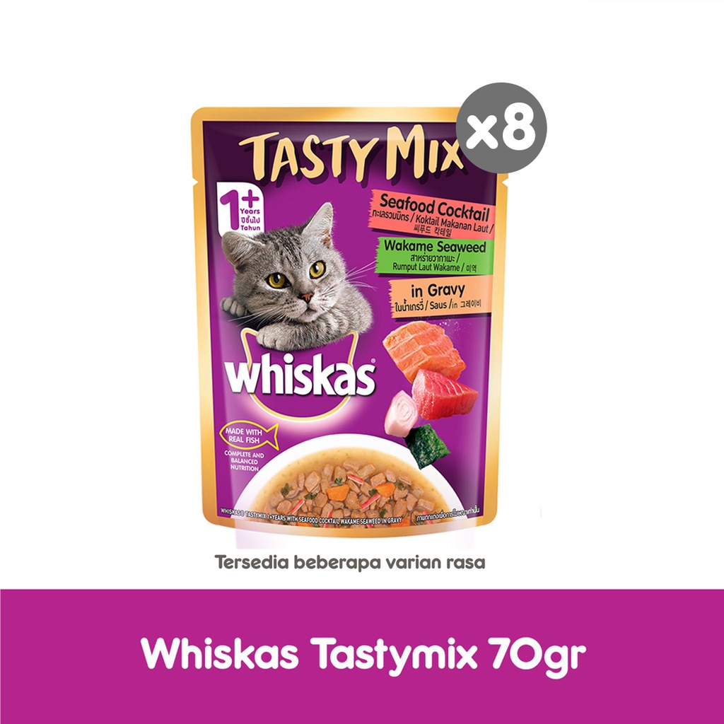 WHISKAS® Tasty Mix Makanan Kucing Basah Pouch 70gr - Isi 8