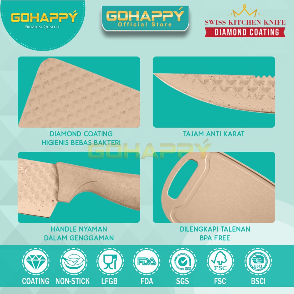 Pisau Set GOhappy Diamond Knife Telenan Gunting Set Pink Free Holder Pisau Cantik