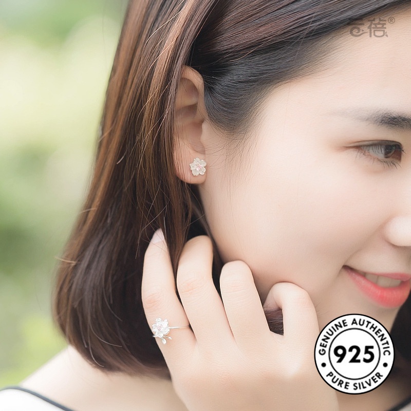 Cincin Desain Bunga Sakura Aksen Berlian Bahan S925 Silver Gaya Minimalis